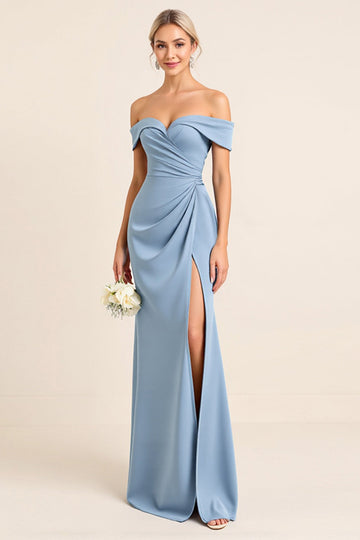 Matte Satin Off the Shoulder Dusty Blue Sheath Long Bridesmaid Dress with Slit